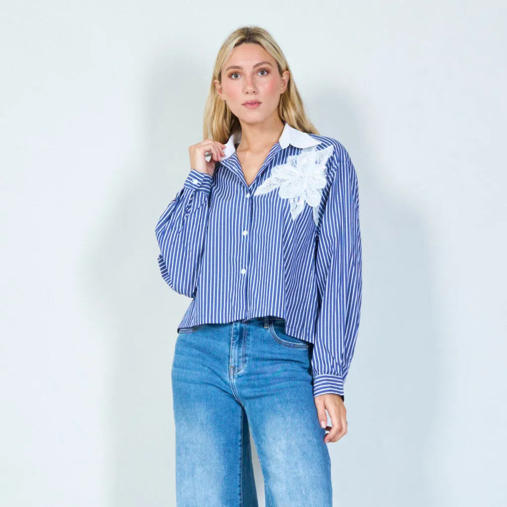 Striped button-up shirt with floral embellishment wholesale