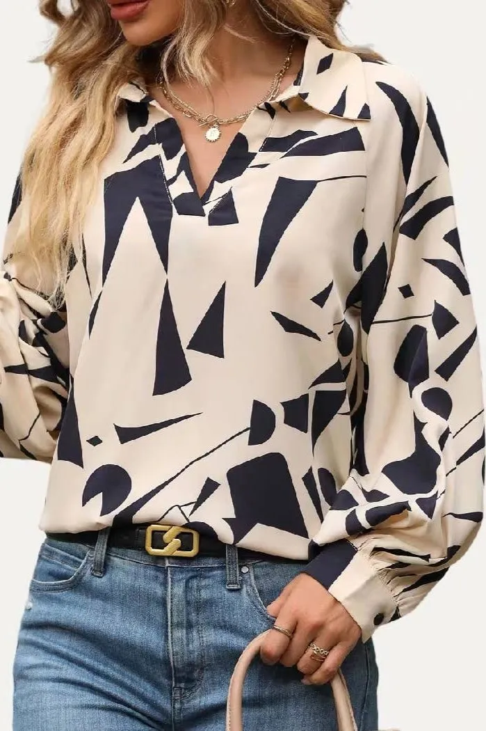 The Moment Collection Chic Pattern Print Collared Neck Long Sleeve Top