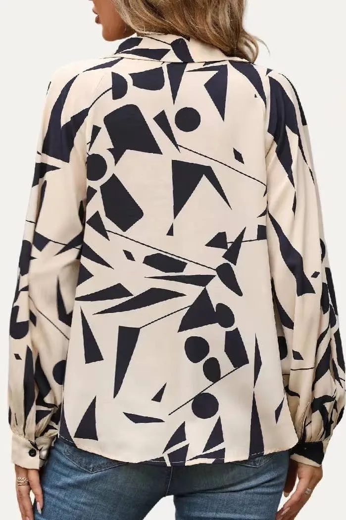 The Moment Collection Chic Pattern Print Collared Neck Long Sleeve Top