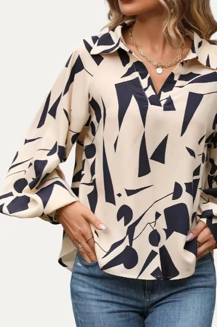 The Moment Collection Chic Pattern Print Collared Neck Long Sleeve Top