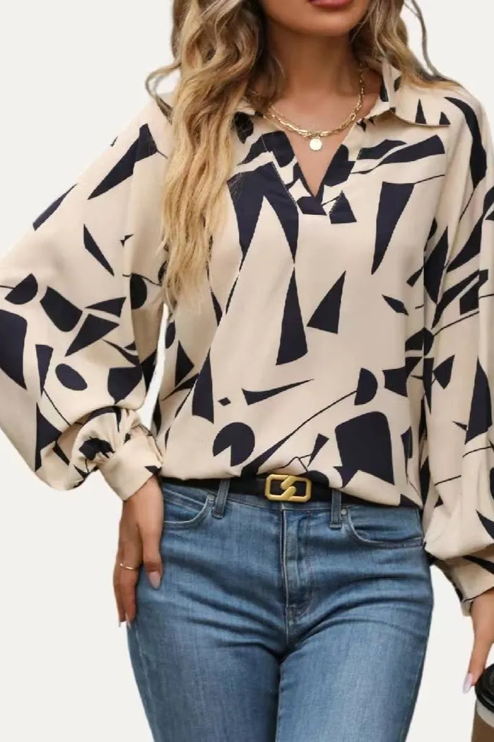 The Moment Collection Chic Pattern Print Collared Neck Long Sleeve Top