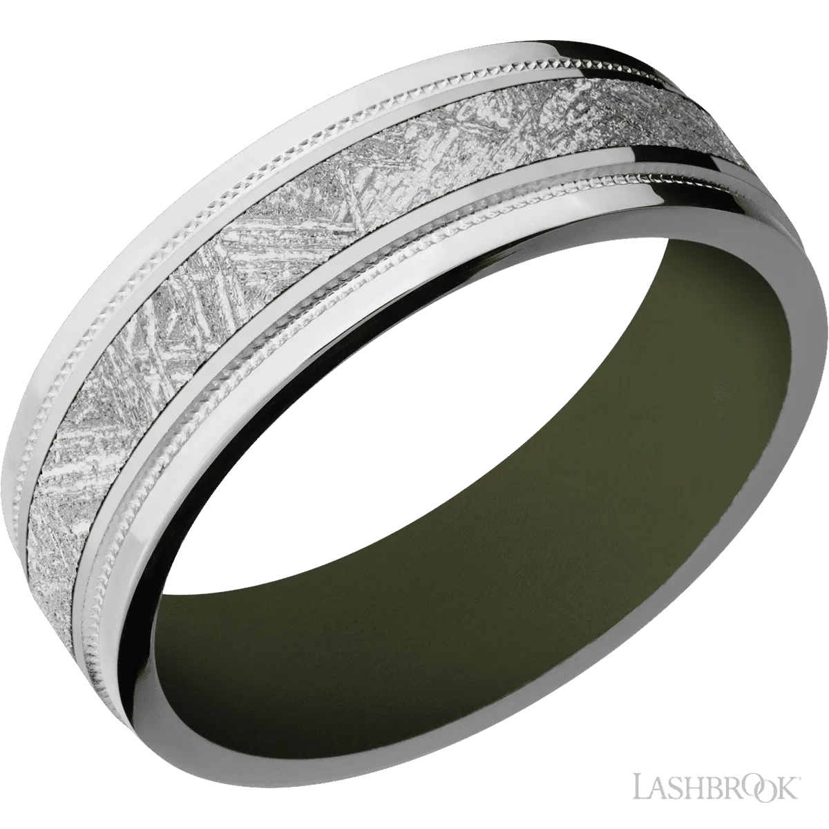 Titanium with Polish, Polish Finish and Meteorite Inlay and Vintage Green - 7MM