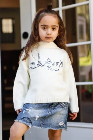 Toddler Girls Off-White Knit Cotton "Paris" Embroidered Print Sweater /1-3-2