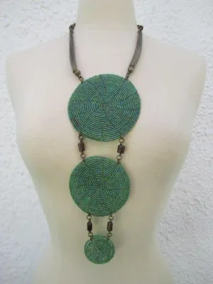 Triple Disc Necklace with horn Metallic Green