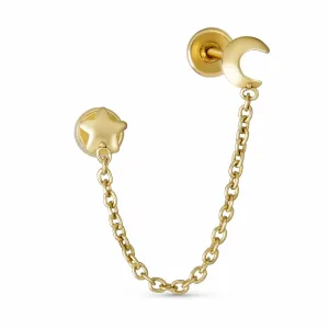 Unisex 10K Gold Ear Cuff Cartilage Double Piercing Chain Moon & Star Earring