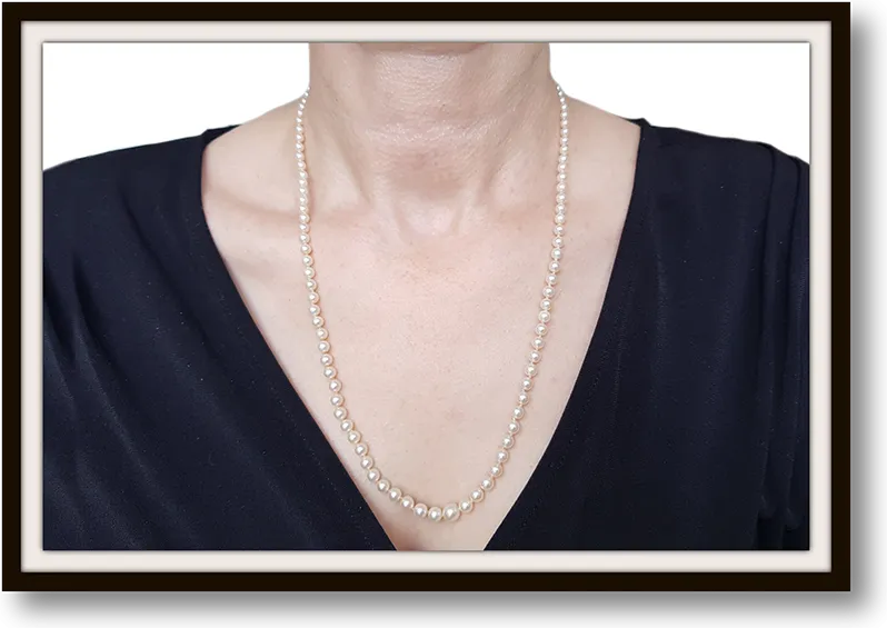 Vintage 22in Cultured Graduated Knotted Pearl Necklace 6.54mm-3.7mm rose cut diamond clasp