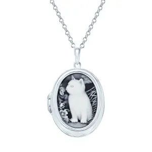 Vintage Style Cat Cameo Locket Necklace with Black Onyx Sterling Silver