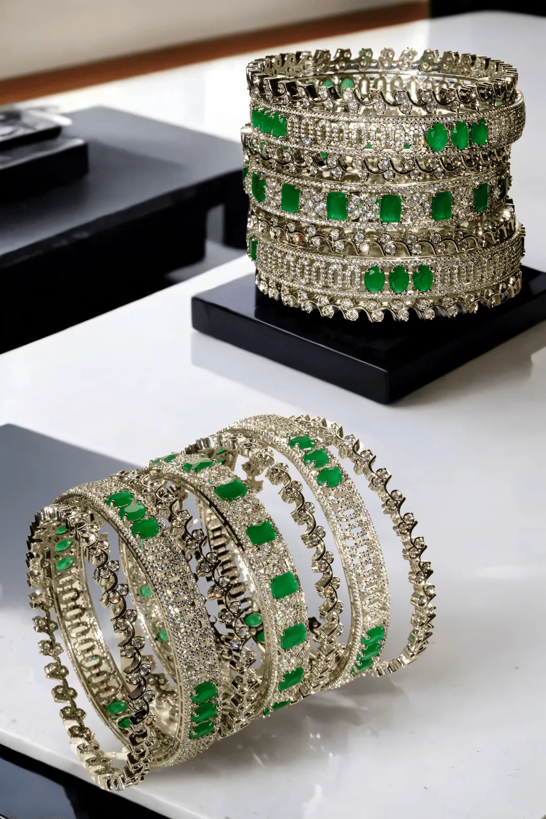 Zaria - Rhodium-Plated Emerald Luxe Bangles Set (7 PC)