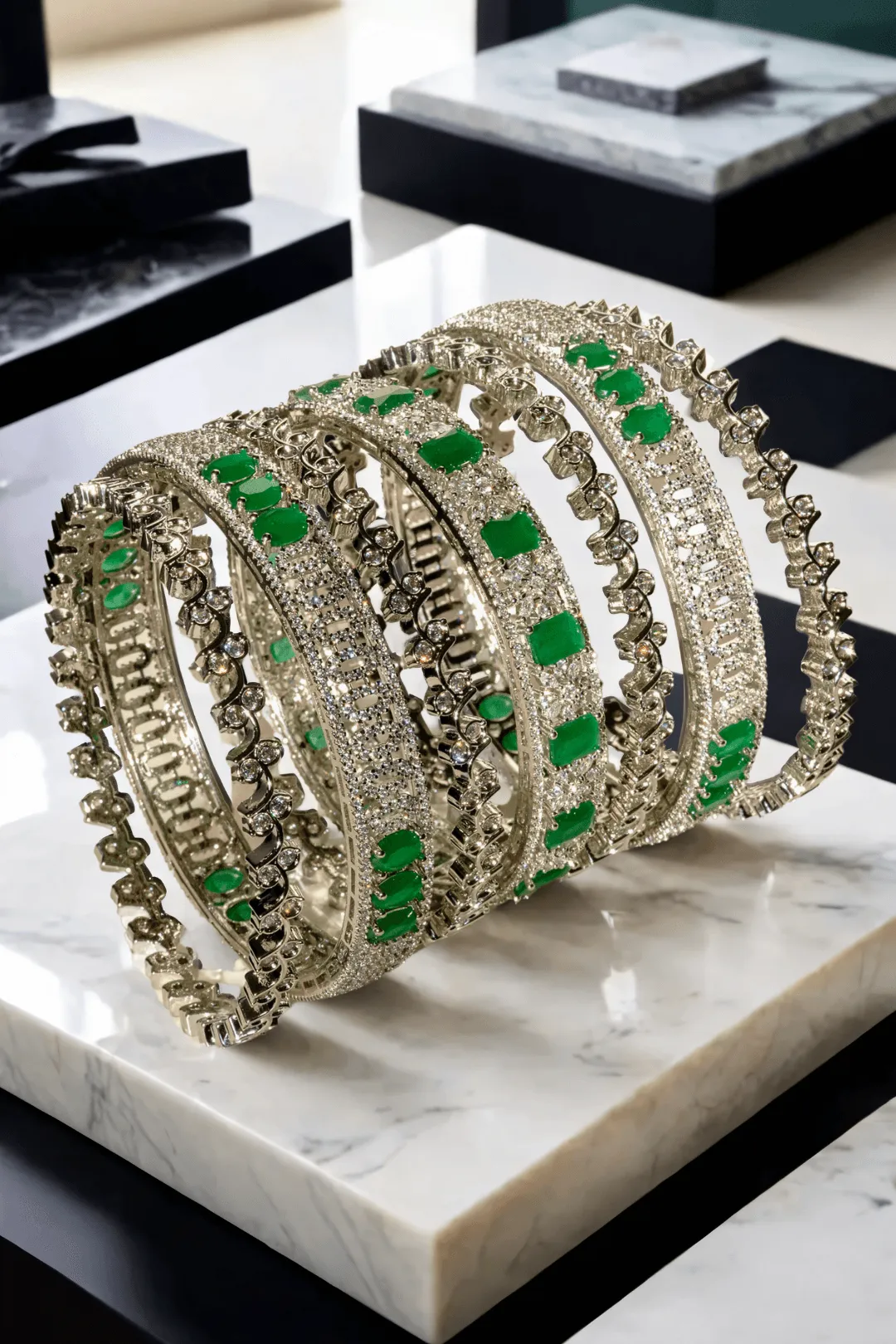 Zaria - Rhodium-Plated Emerald Luxe Bangles Set (7 PC)