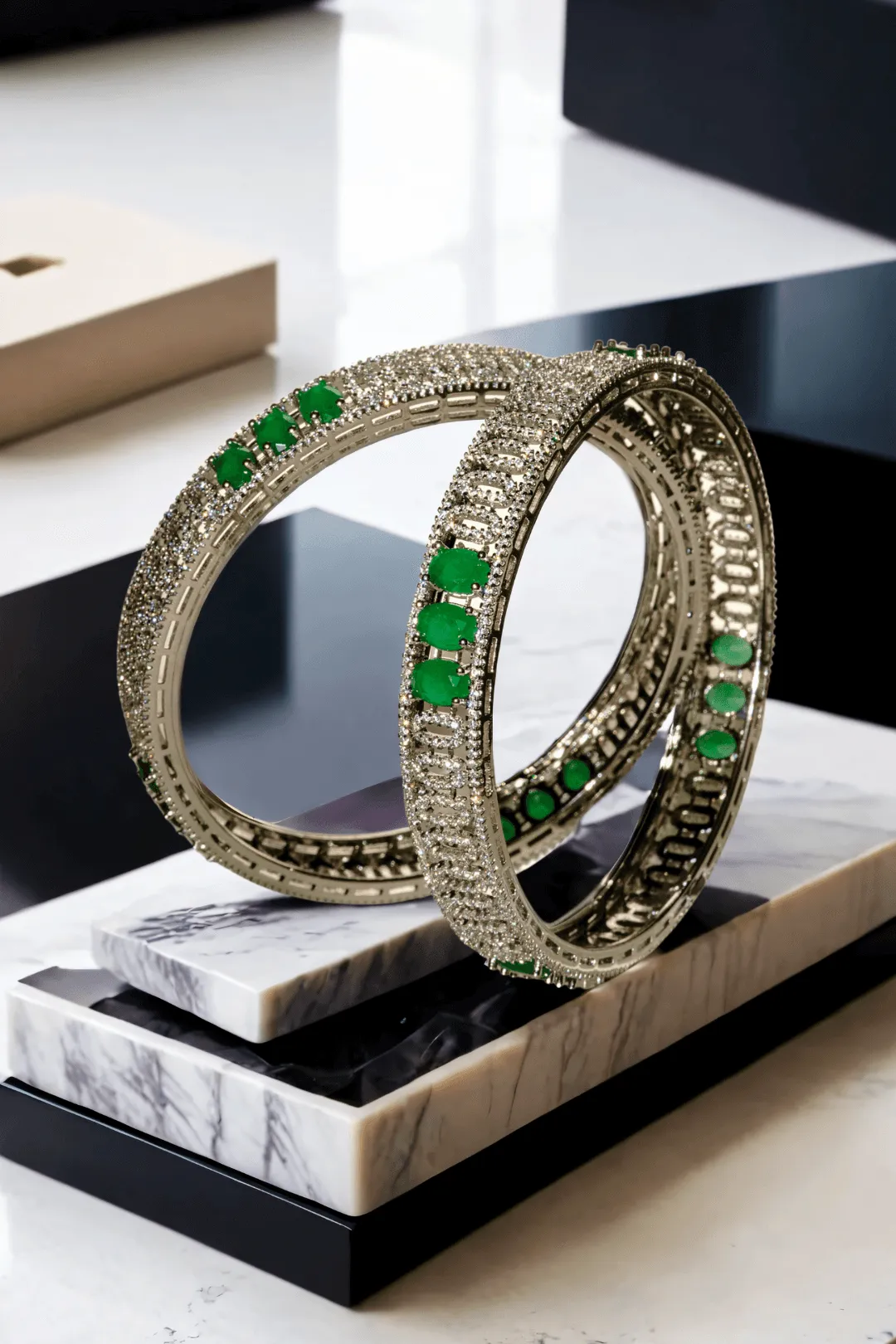 Zaria - Rhodium-Plated Emerald Luxe Bangles Set (7 PC)