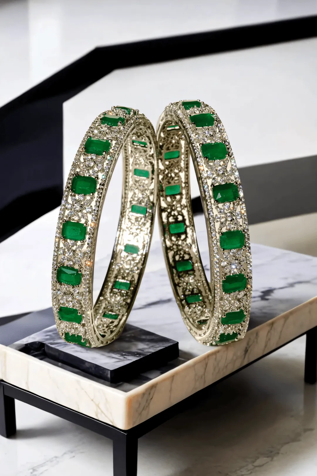 Zaria - Rhodium-Plated Emerald Luxe Bangles Set (7 PC)