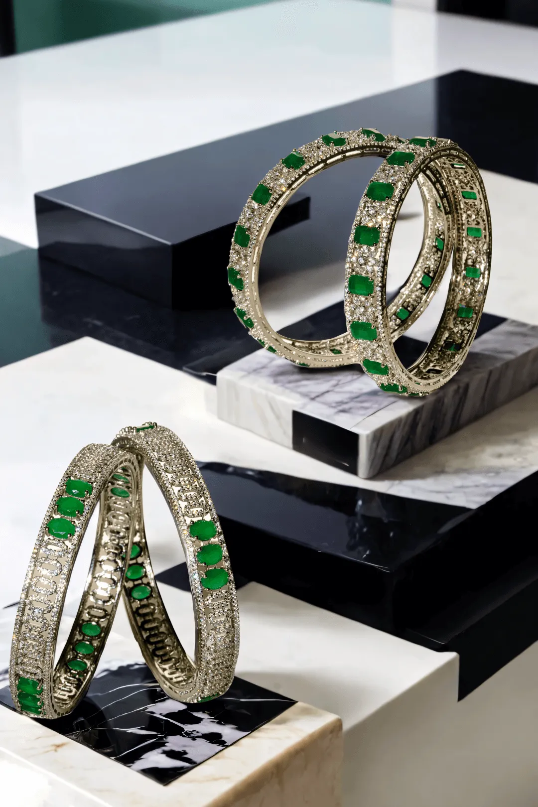 Zaria - Rhodium-Plated Emerald Luxe Bangles Set (7 PC)