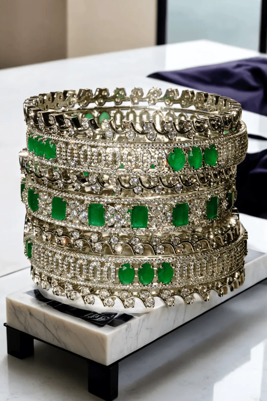 Zaria - Rhodium-Plated Emerald Luxe Bangles Set (7 PC)