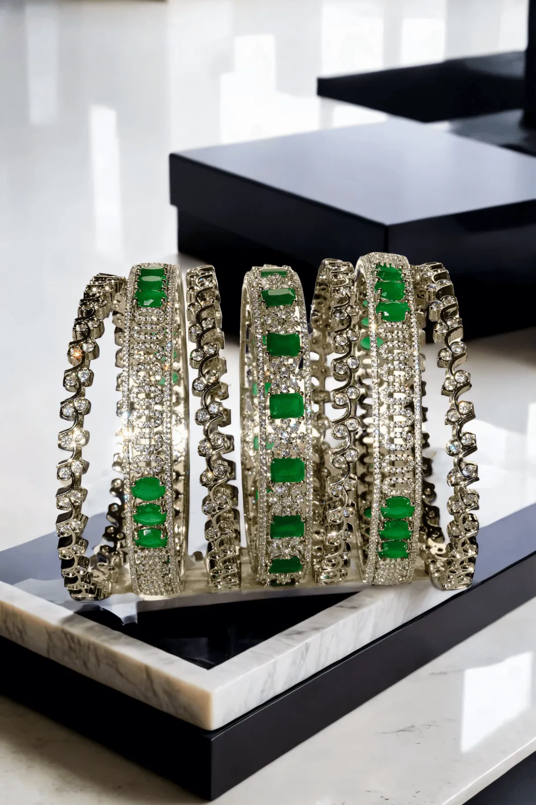 Zaria - Rhodium-Plated Emerald Luxe Bangles Set (7 PC)