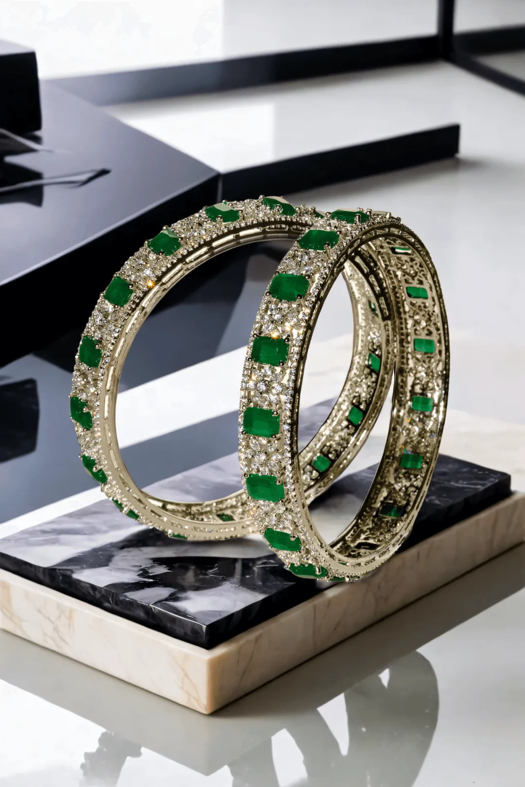 Zaria - Rhodium-Plated Emerald Luxe Bangles Set (7 PC)