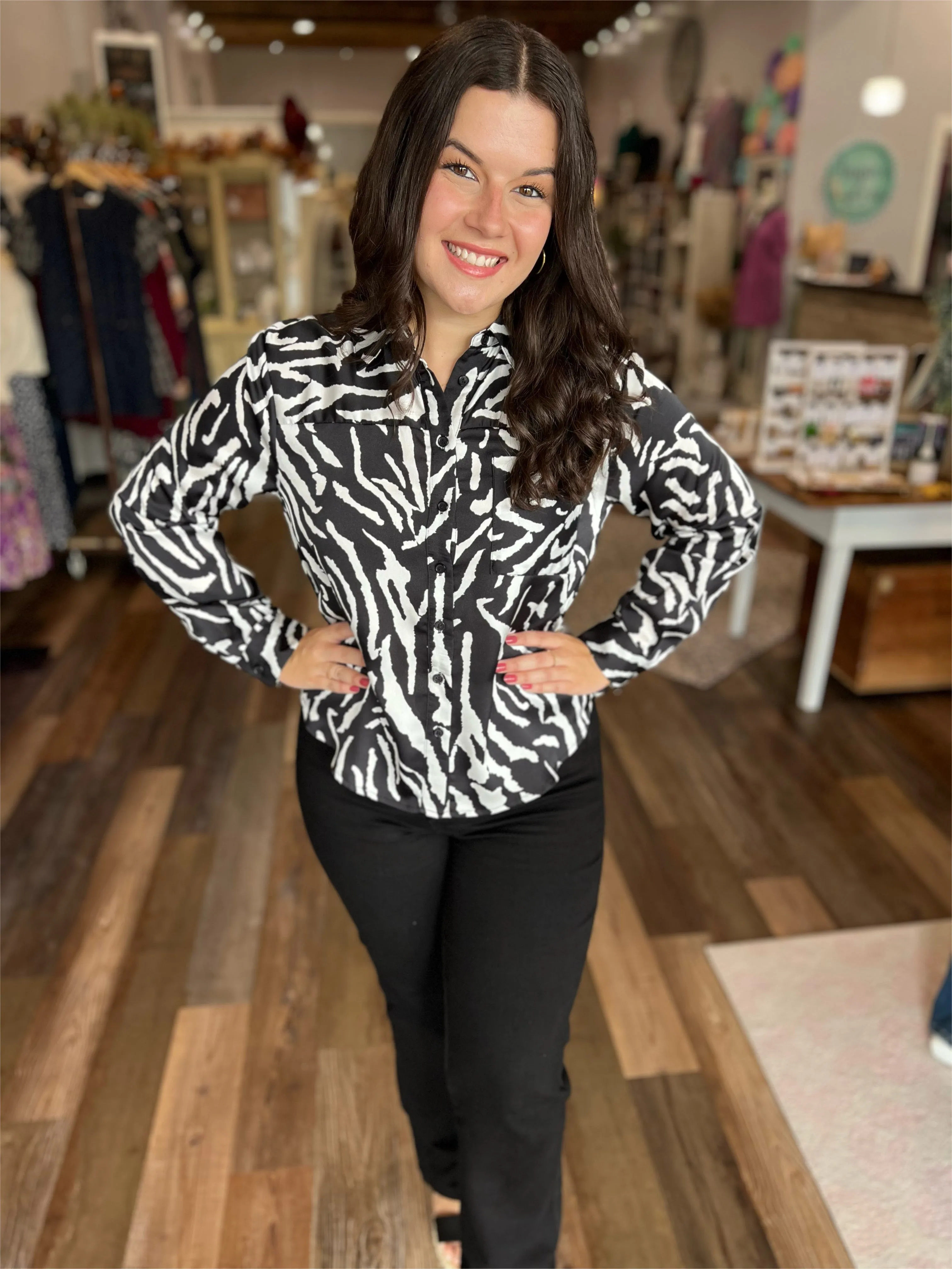 Zebra Print Button Up Blouse