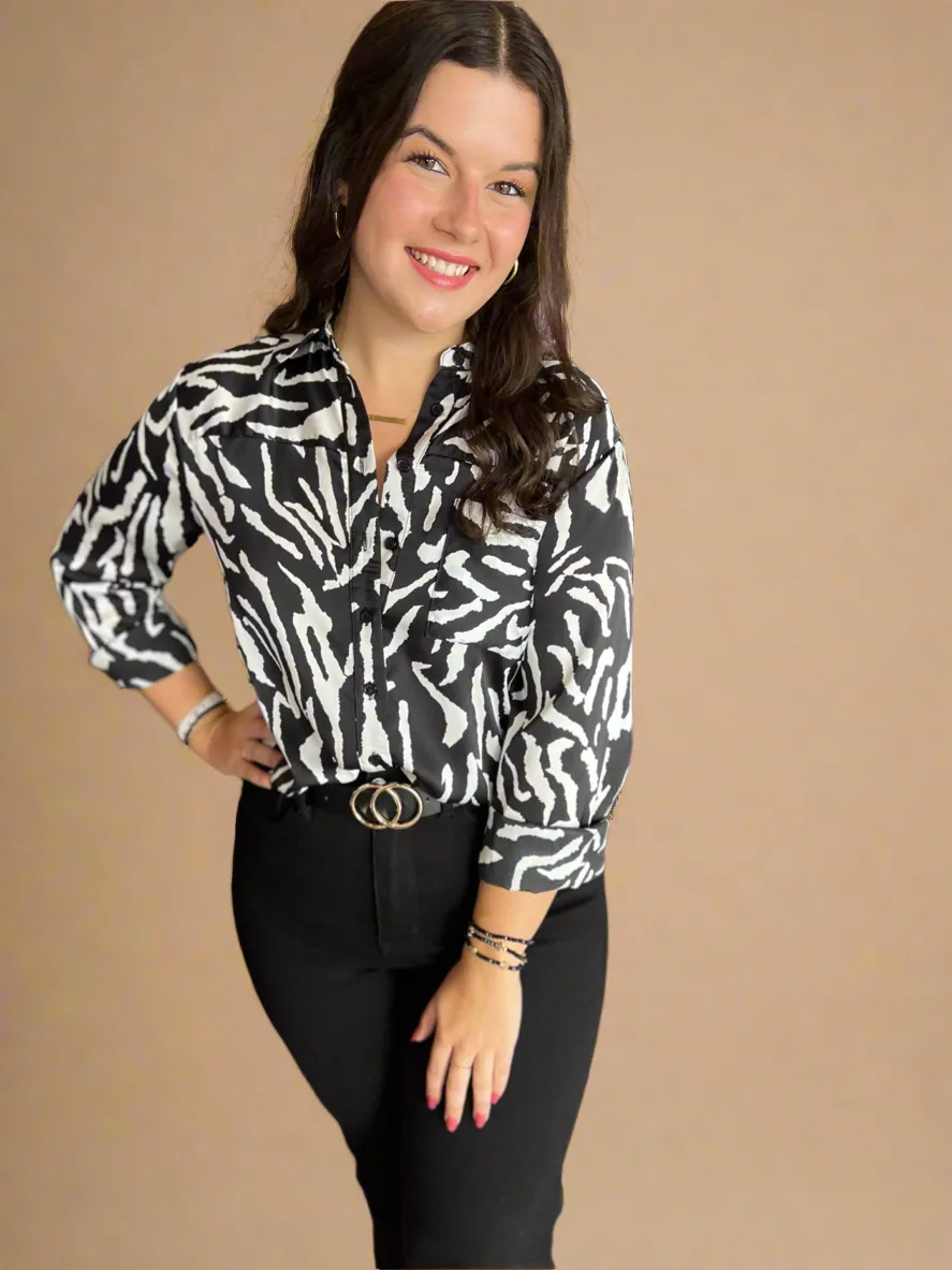 Zebra Print Button Up Blouse