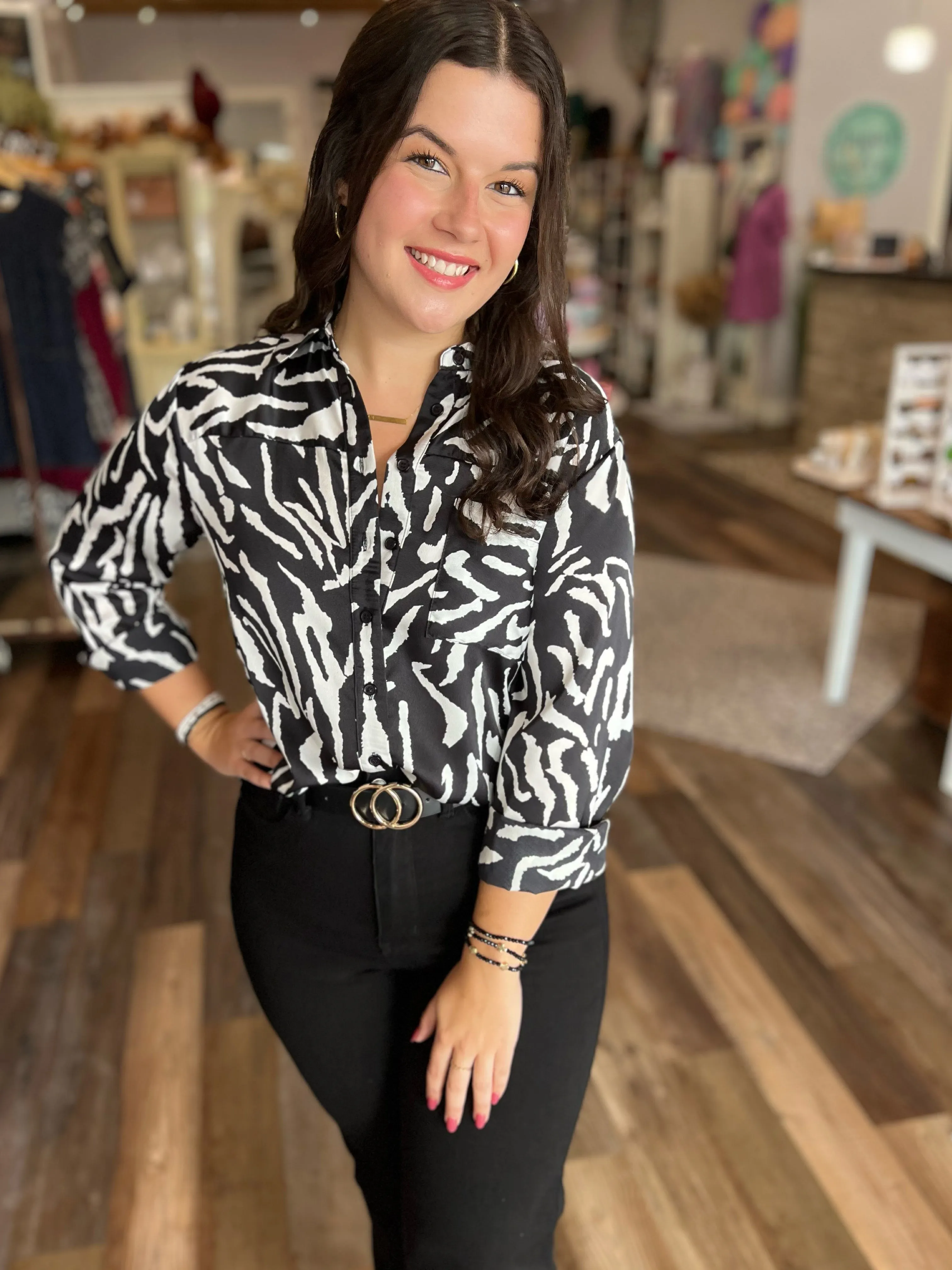 Zebra Print Button Up Blouse